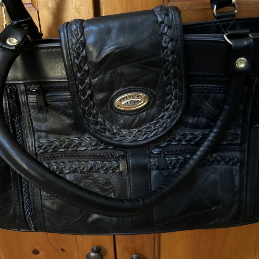 American Italy Black Leather Handbag Bag Purse Boho